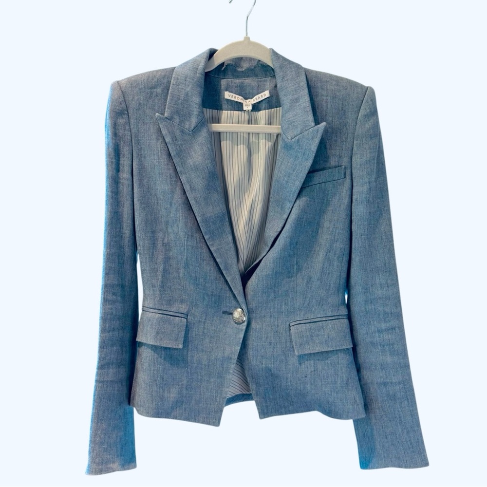 Veronica Beard Linen-Blend Single Button Sky Blue Blazer - Picture 14 of 15